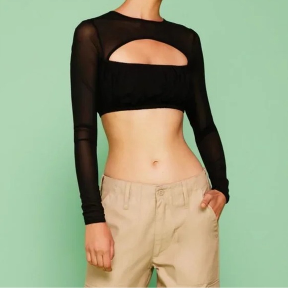 BRAND NEW I.AM.GIA LONG SLEEVE BLACK MESH CUTOUT CROP “ANYA” TOP - Picture 4 of 7